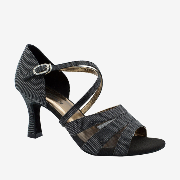 Black strappy sandal with a heel on a white background