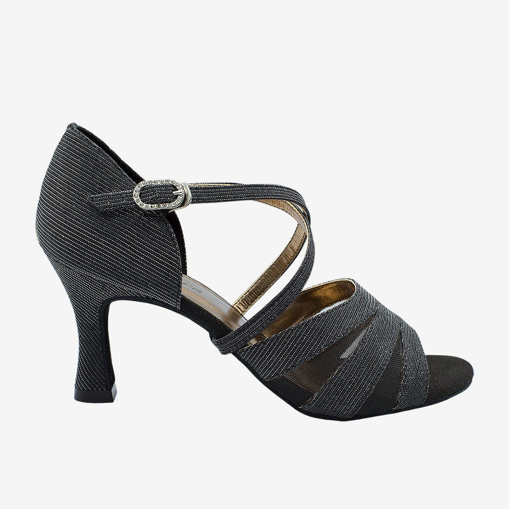 Black strappy sandal with a heel on a white background