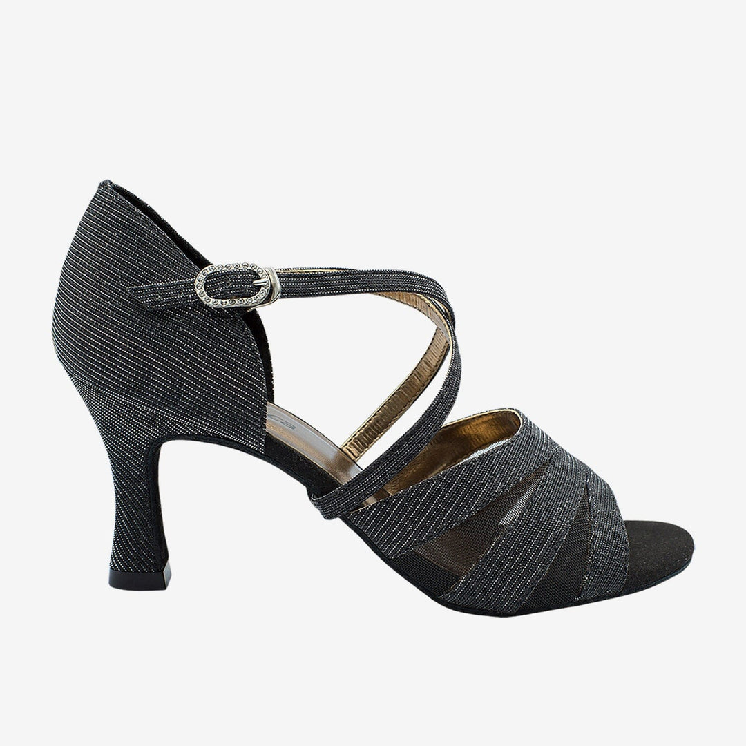 Black strappy sandal with a heel on a white background