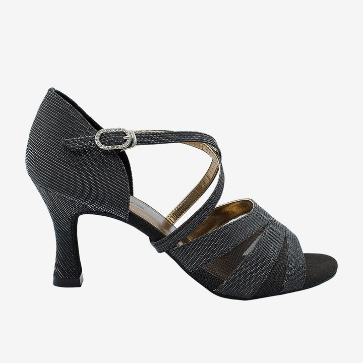 Black strappy sandal with a heel on a white background