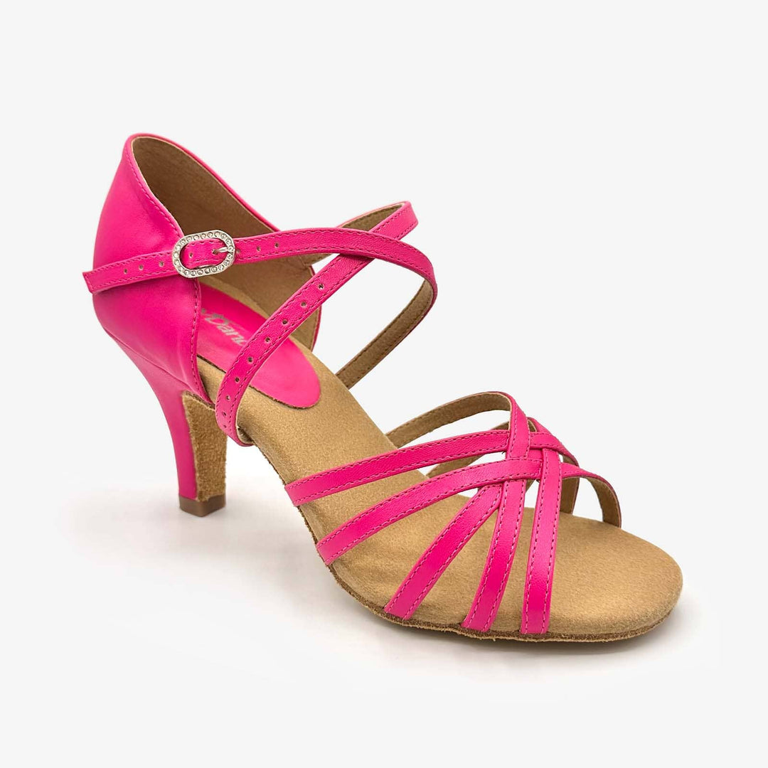 Pink strappy sandal with a high heel on a white background