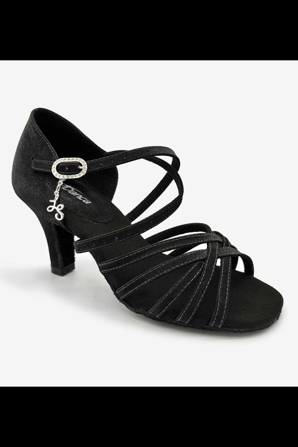 Black strappy dance shoe on a white background
