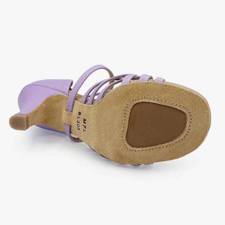 Purple ballet shoe with brown sole on a white background