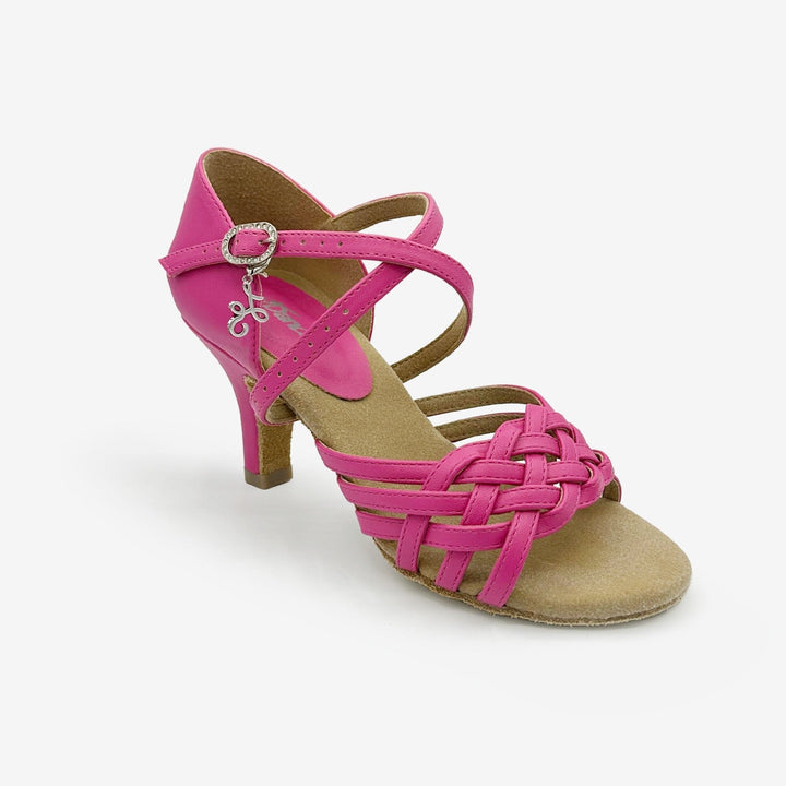 Pink strappy sandal with a high heel on a white background