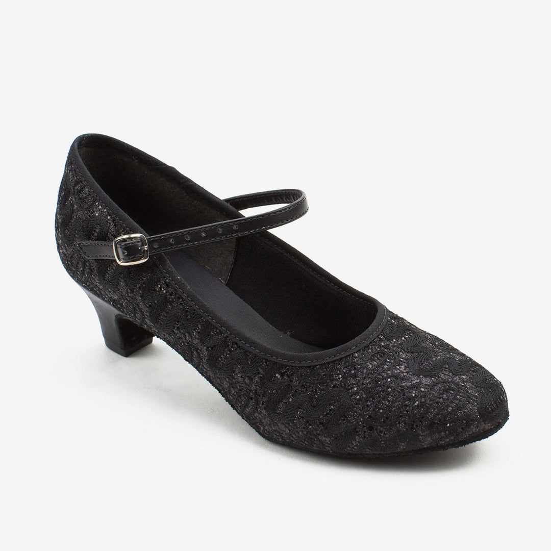 Black textured shoe with a strap on a white background