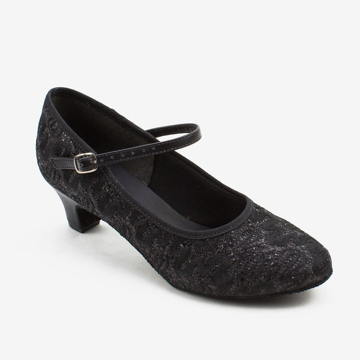 Black textured shoe with a strap on a white background