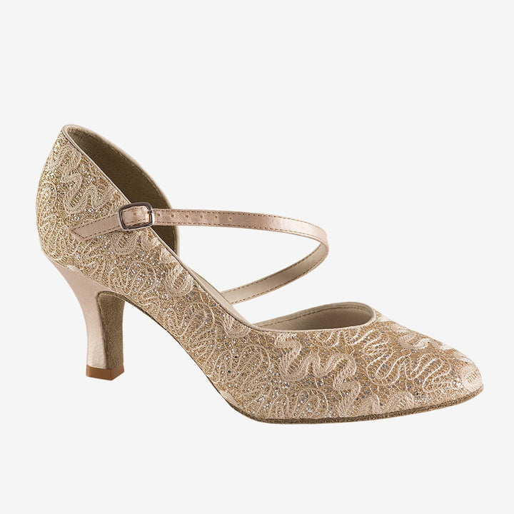 Gold lace shoe with a strap on a white background