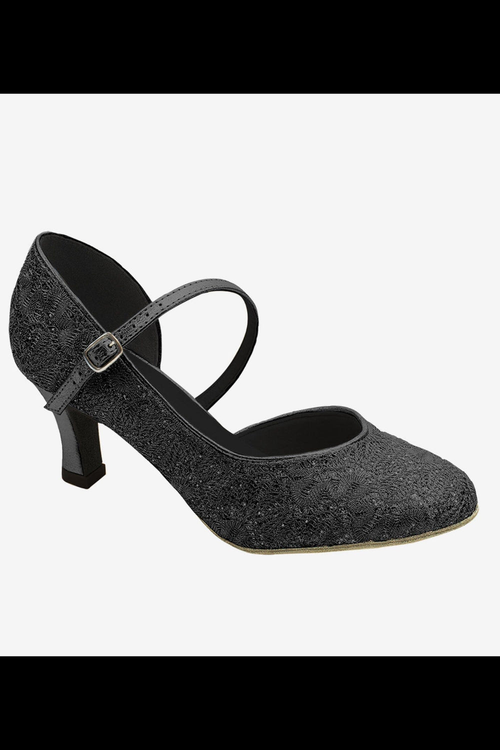 Black glittery shoe with a strap on a white background