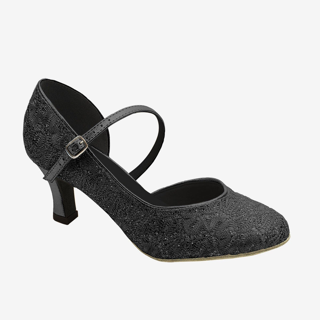 Black glittery shoe with a strap on a white background