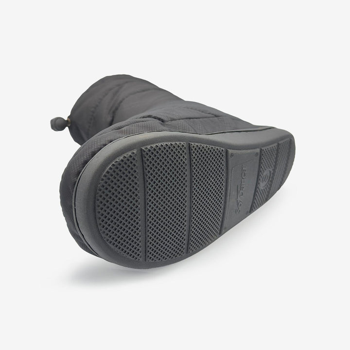 Gray insulated glove with textured sole on a light gray background