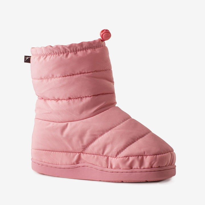 Pink quilted slipper boot on a light gray background