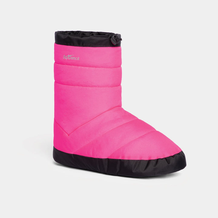 Pink slip-on boot with black trim on a white background