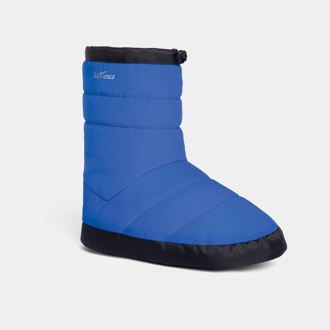 Blue winter boot with black trim on a white background