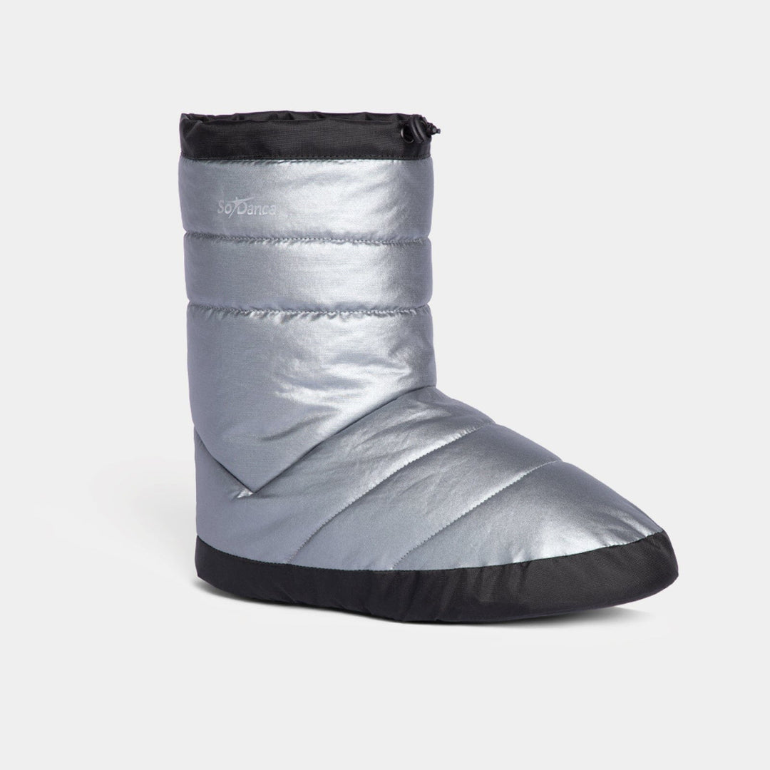 Silver slip-on boot with black trim on a white background