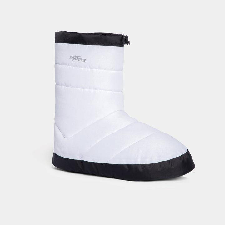 White boot cover with black trim on a white background