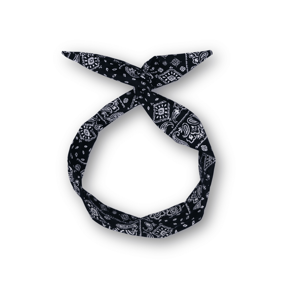 Black bandana with white patterns tied in a knot on a white background