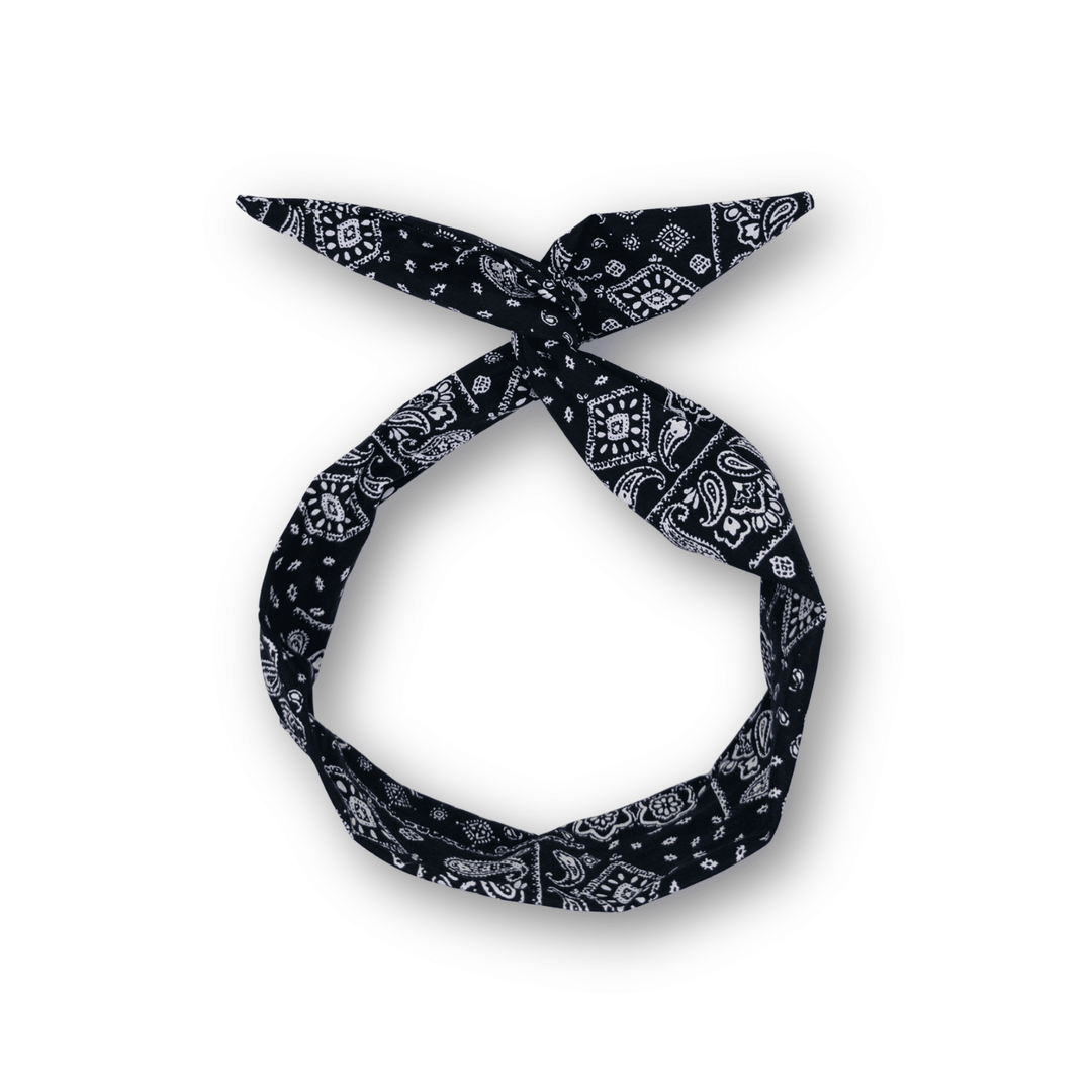 Black bandana with white patterns tied in a knot on a white background