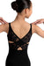 Black lace bodysuit worn by a model on a white background