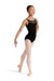 Young dancer in a black leotard and pink tights on a white background