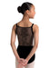 Ballet dancer wearing a black leotard with floral lace details on a white background
