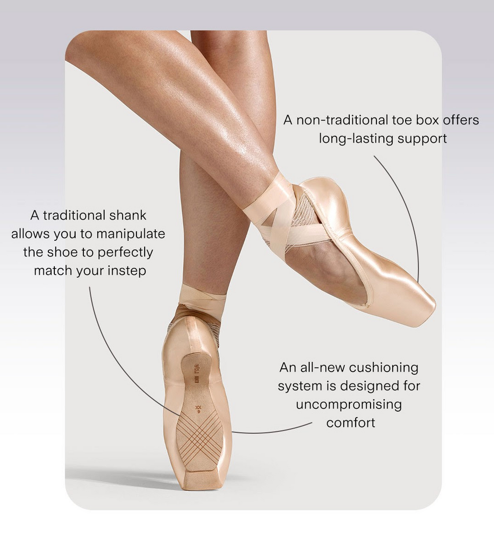 Pointe shoes with text highlighting features on a light gray background