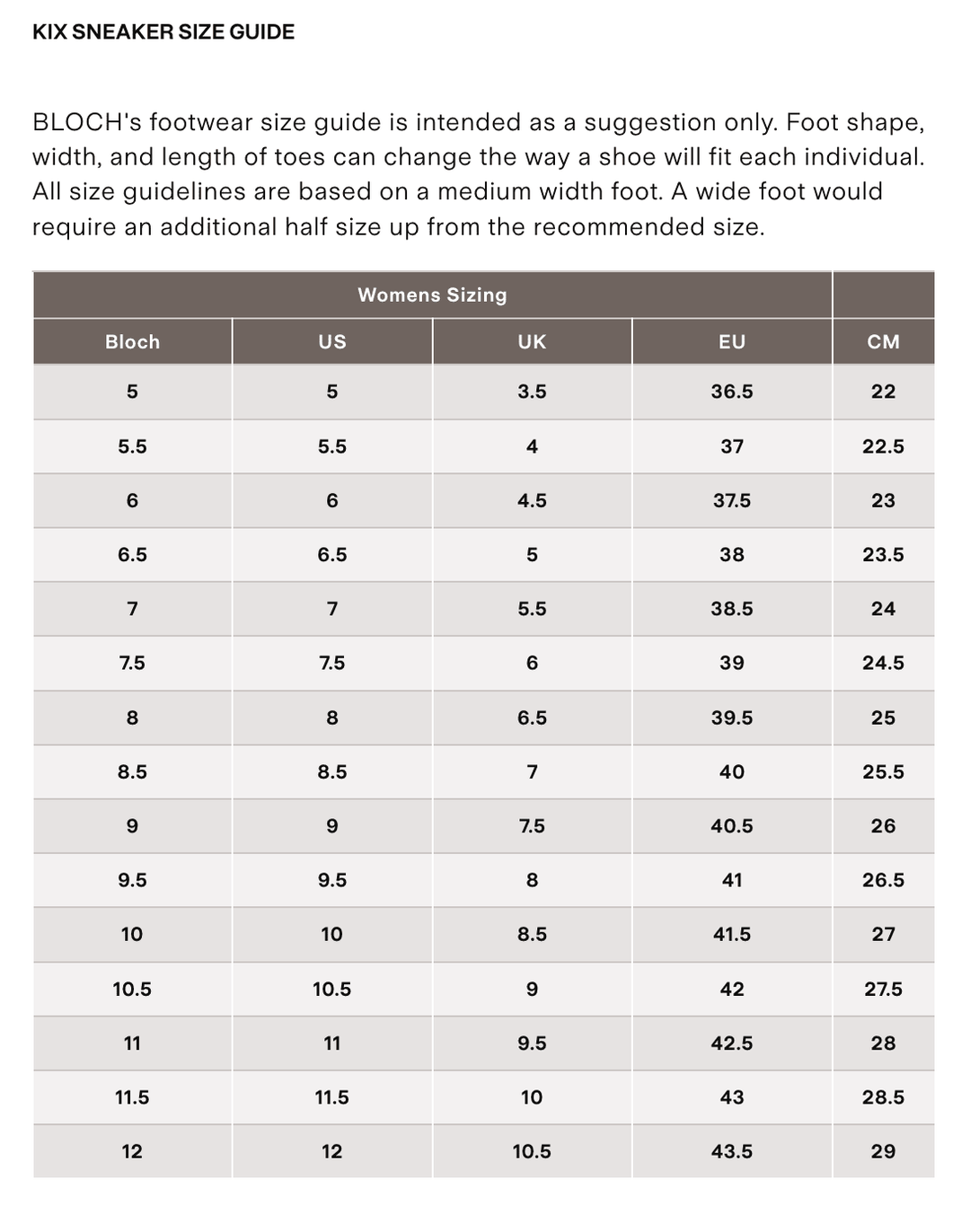 Bloch Kix Size Guide
