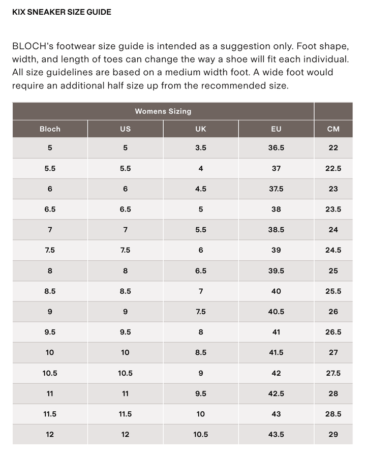 Bloch Kix Size Guide