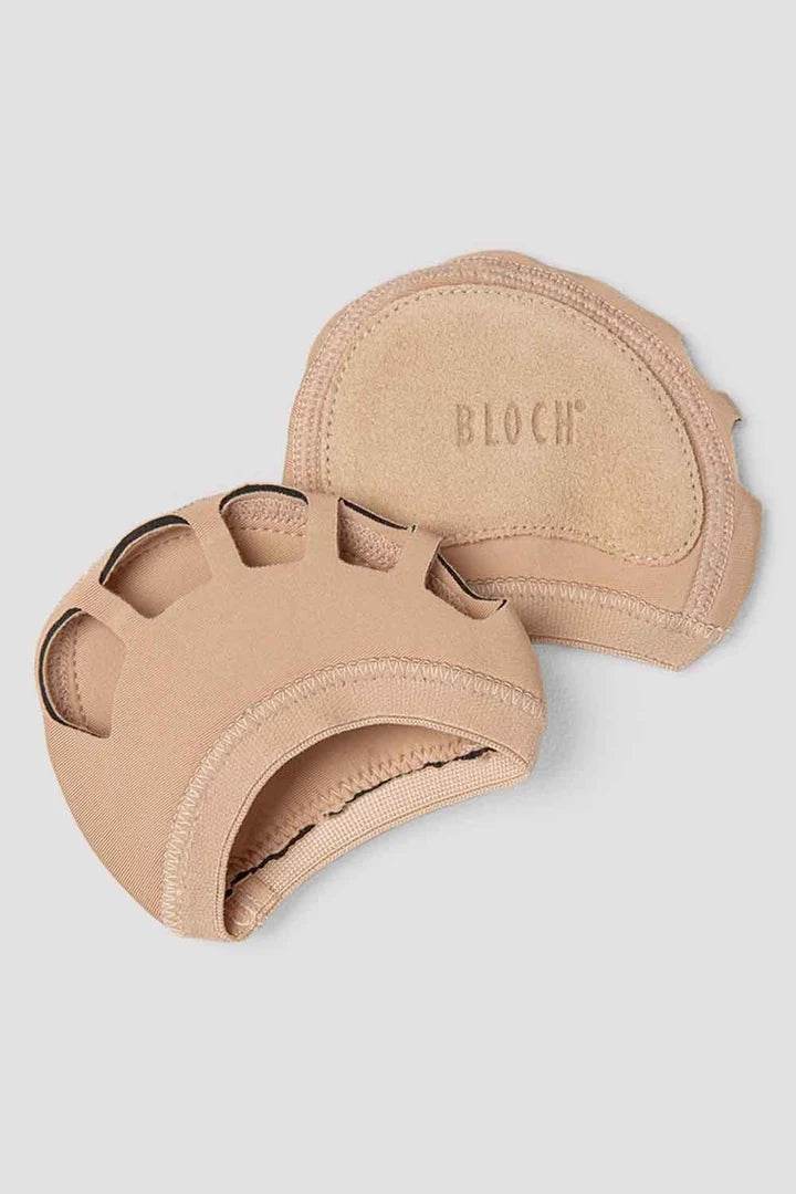 Pair of beige protective foot pads with 'Bloch' branding on a light gray background