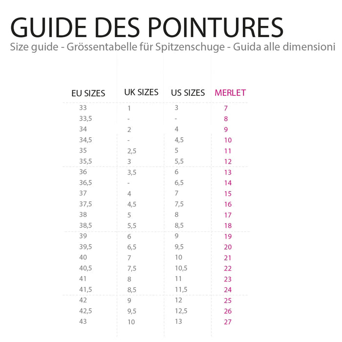 Merlet Pointe Shoe Size Chart