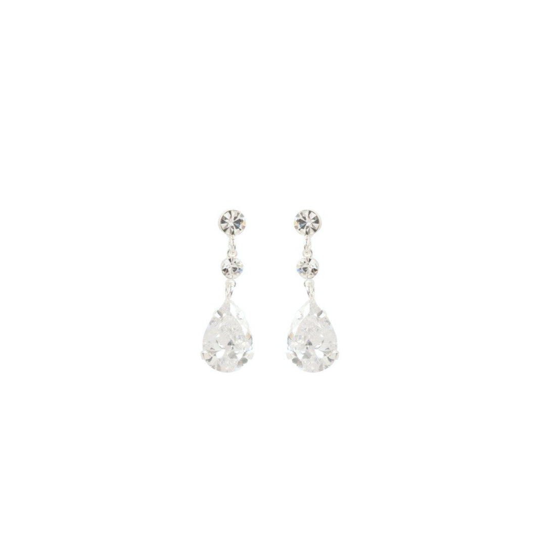 Teardrop-shaped earrings with clear stones on a white background