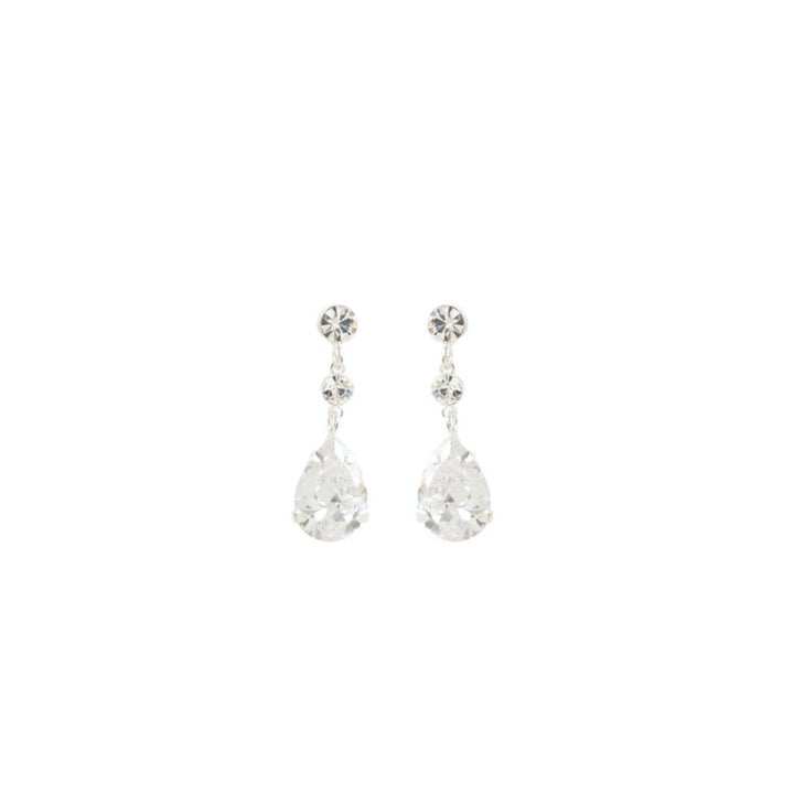 Teardrop-shaped earrings with clear stones on a white background