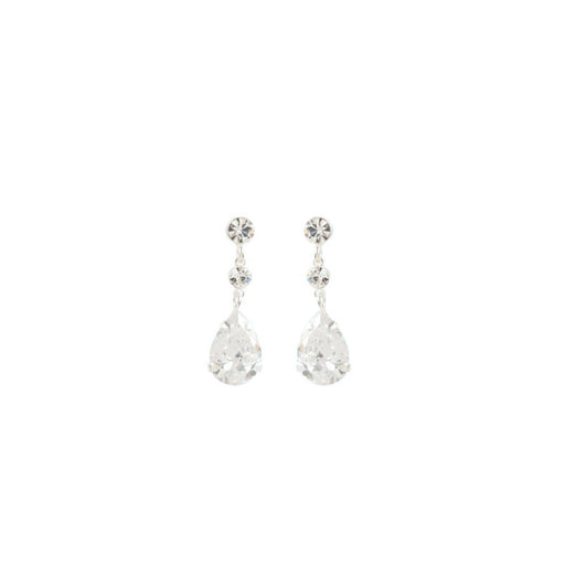Teardrop-shaped earrings with clear stones on a white background