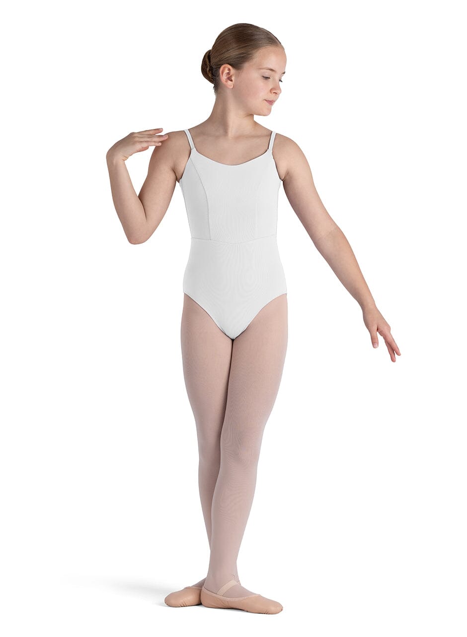 Ballerina in a white leotard and pink tights on a white background
