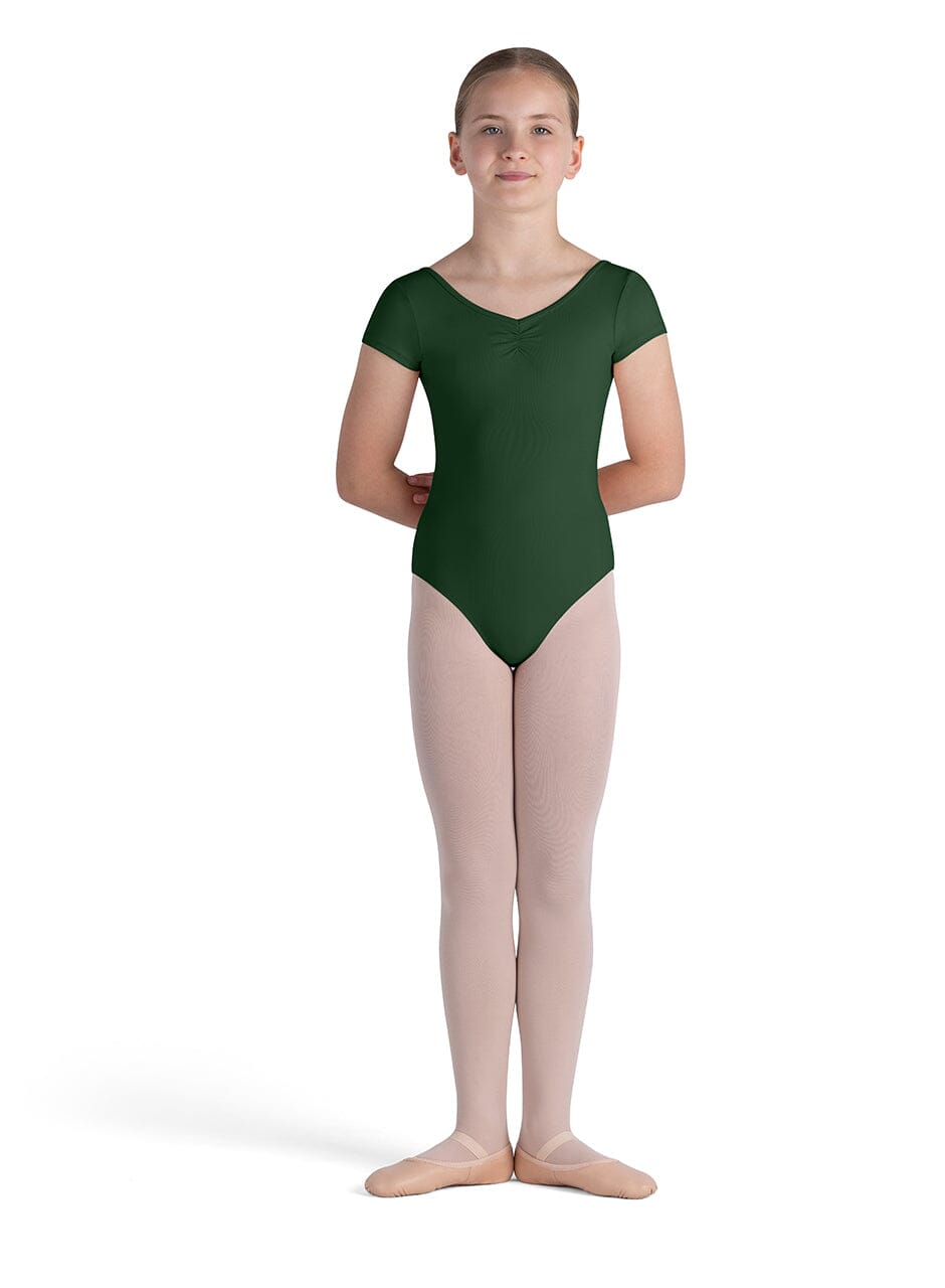 Person wearing a green leotard on a white background