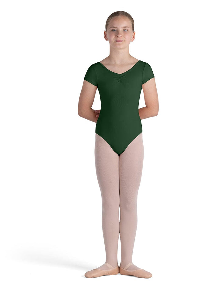 Person wearing a green leotard on a white background