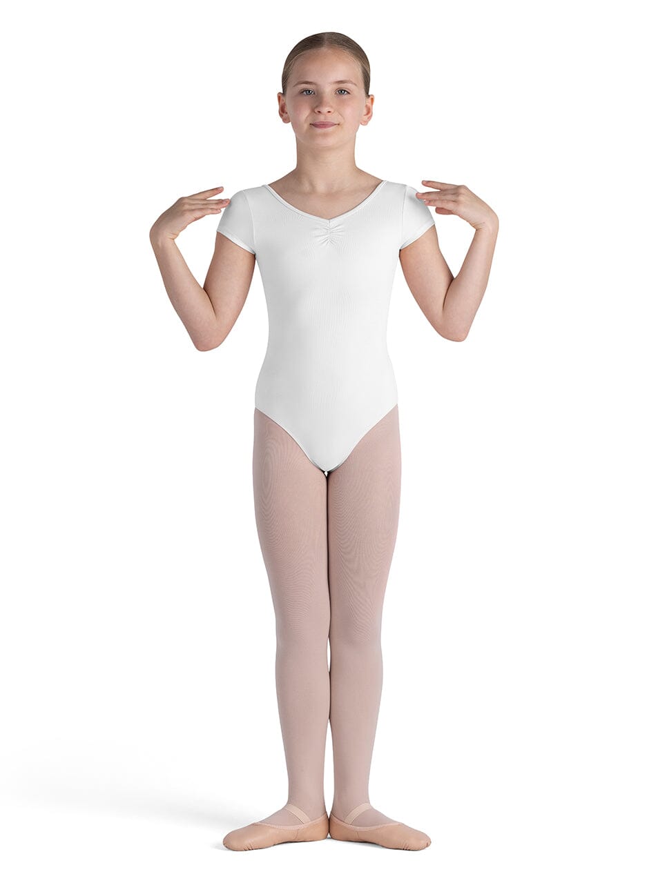Ballerina in a white leotard and pink tights on a white background