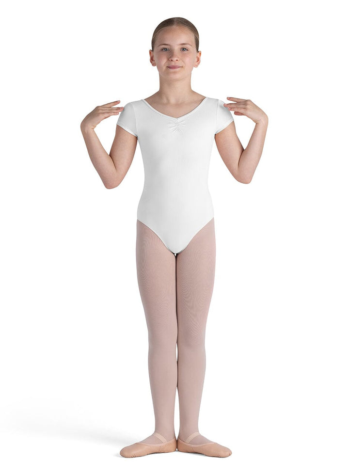 Ballerina in a white leotard and pink tights on a white background