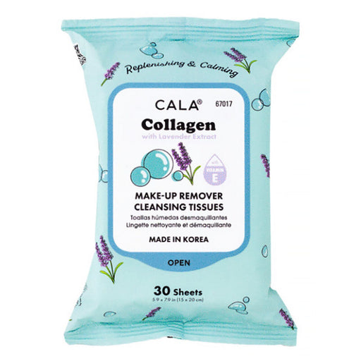 Pack of Cala Collagen make-up remover cleansing tissues on a white background