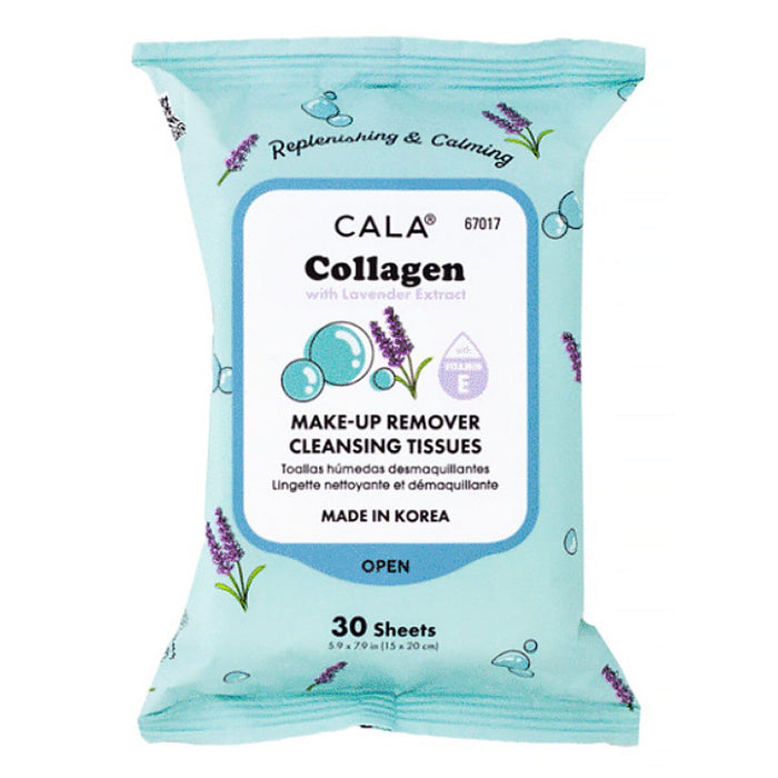 Pack of Cala Collagen make-up remover cleansing tissues on a white background