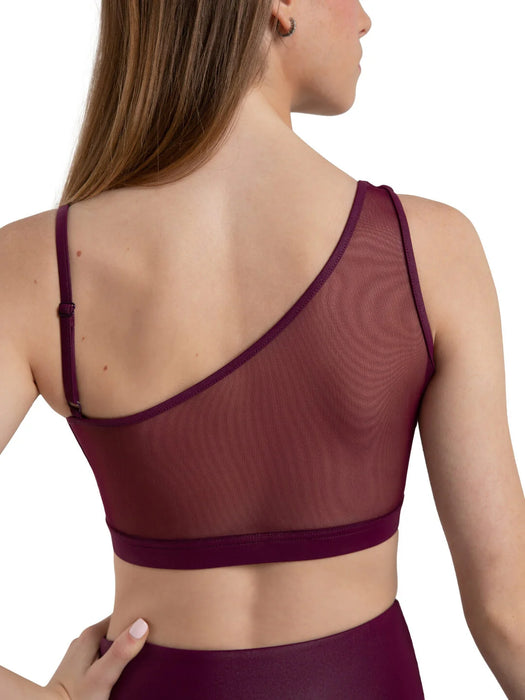 Maroon sports bra with mesh design on a white background