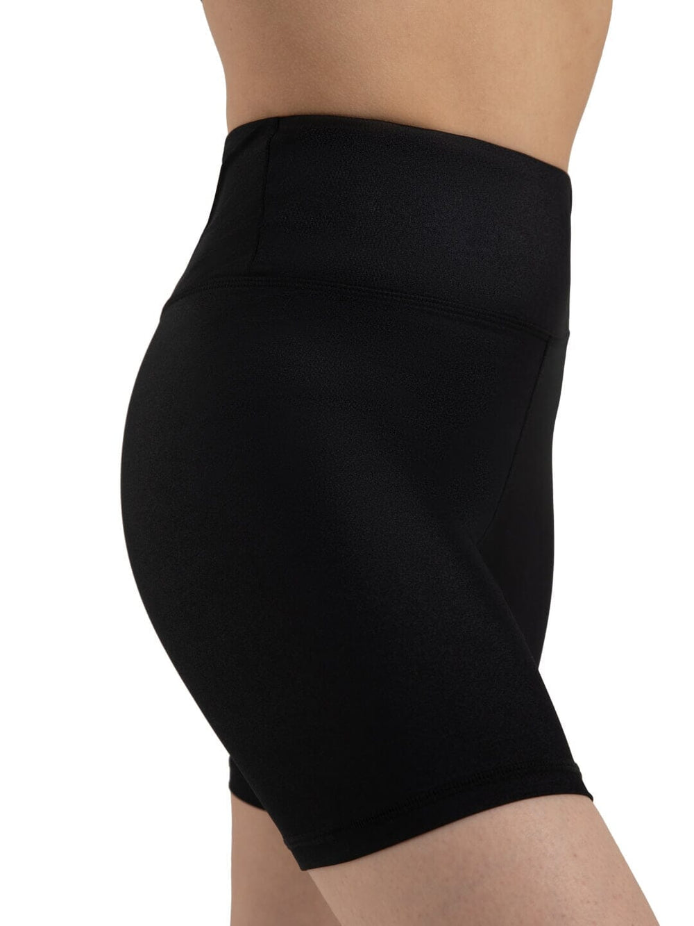 Black athletic shorts worn by a person on a white background