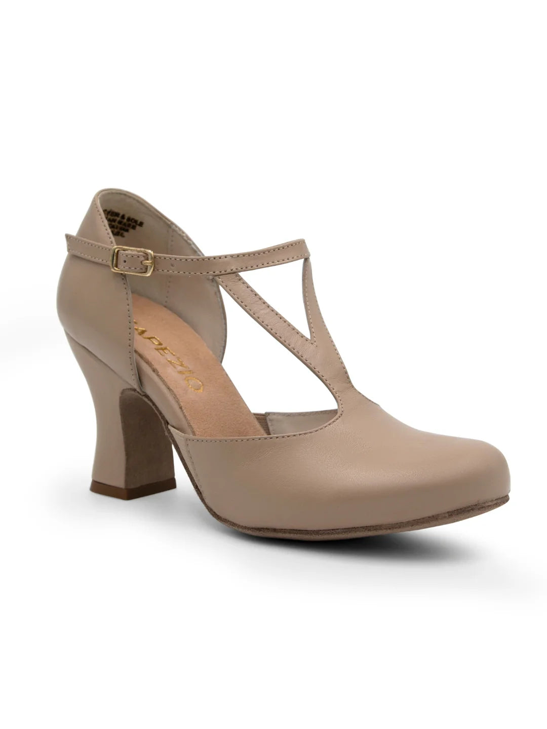 Beige high-heeled shoe with a strap on a white background