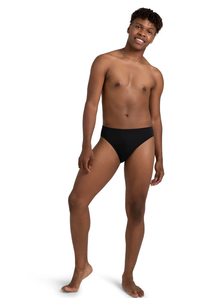 Man wearing a black swimsuit on a white background