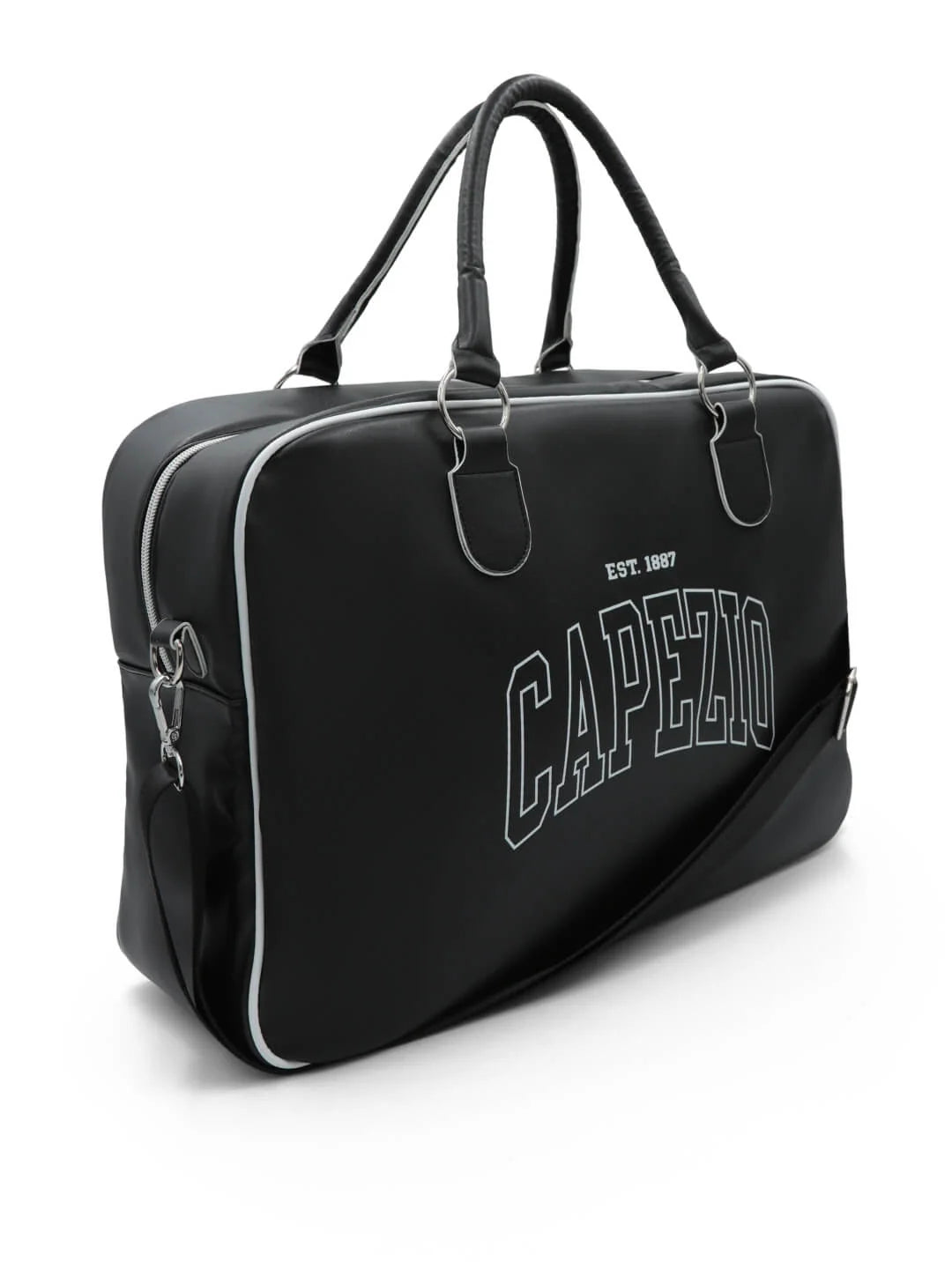 A black leather briefcase with white piping and 'CAPEZIO' printed in white outline letters on the front, featuring dual top handles and a shoulder strap, set against a plain white background.