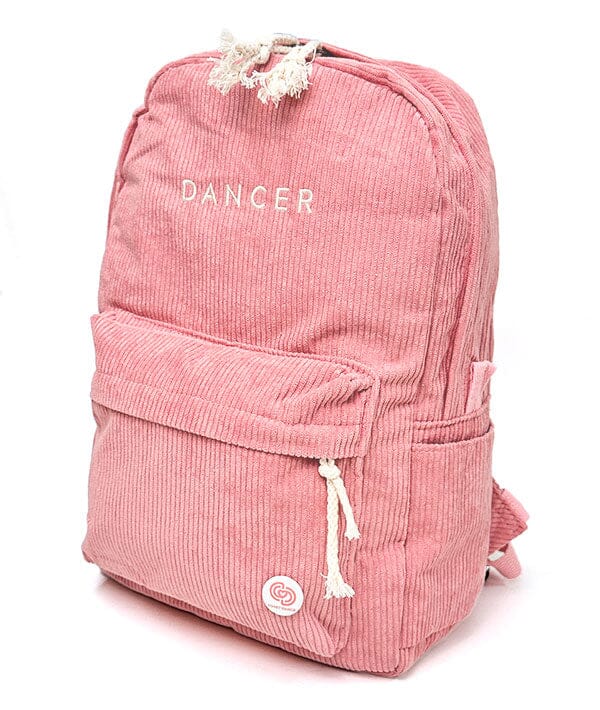 Pink corduroy backpack with 'DANCER' text on a white background