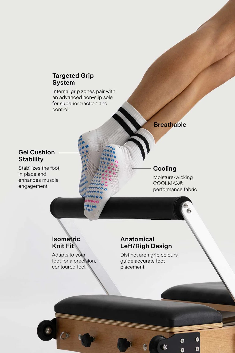 Person wearing socks with text highlighting features on a Pilates reformer background