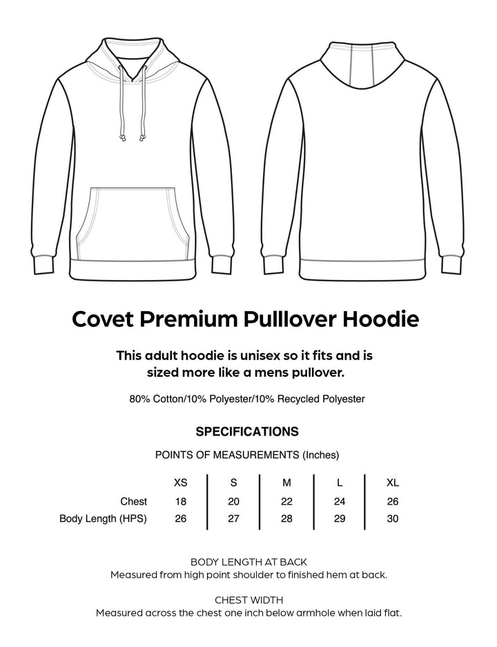 Technical drawing of a hoodie with specifications on a white background