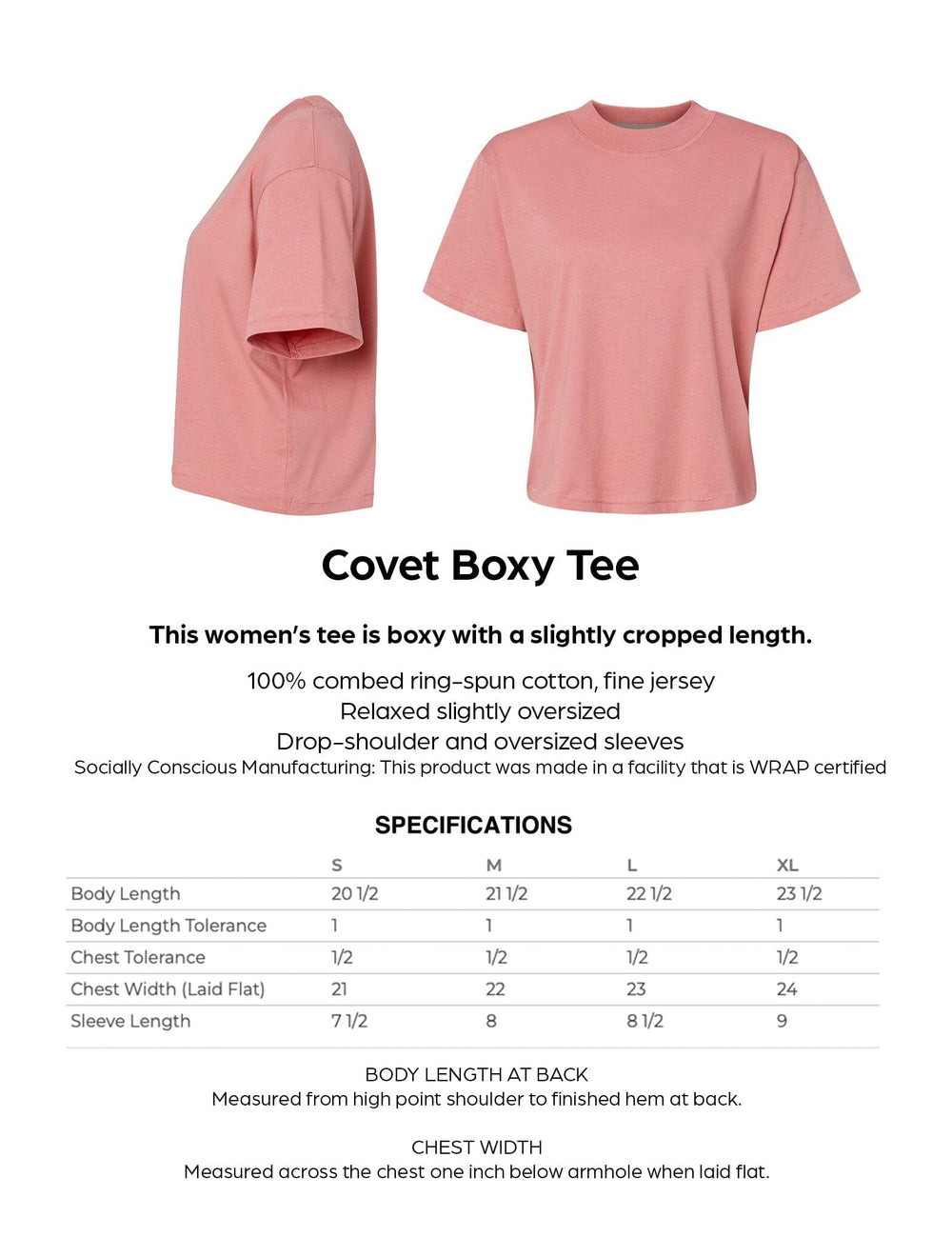 Pink t-shirt with front and back views on a white background, featuring product details and specifications.