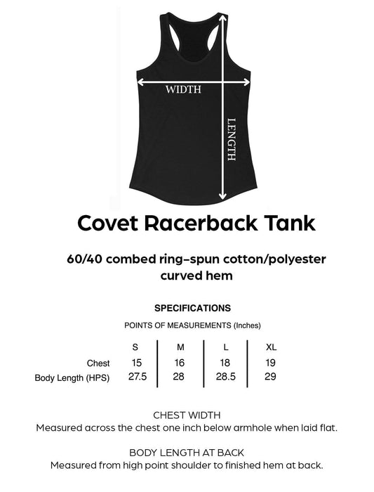 Black racerback tank with measurements and specifications on a white background