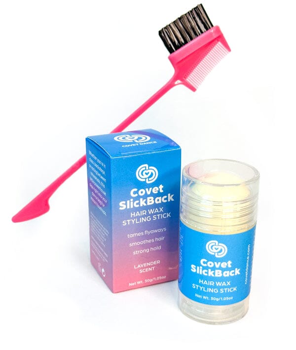 Coyet SlickBack hair wax styling stick with pink comb and blue box on a white background